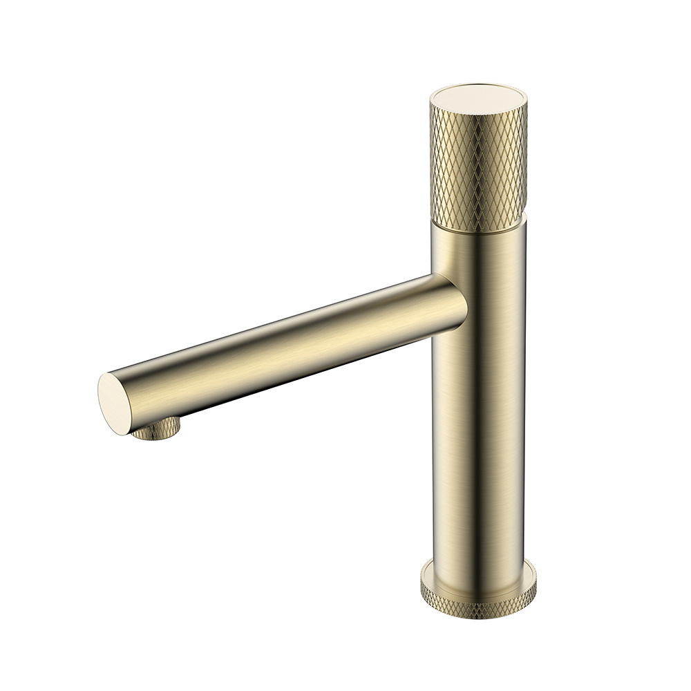 Stainless steel brushed gold round basin mixer tap with knurling handle
