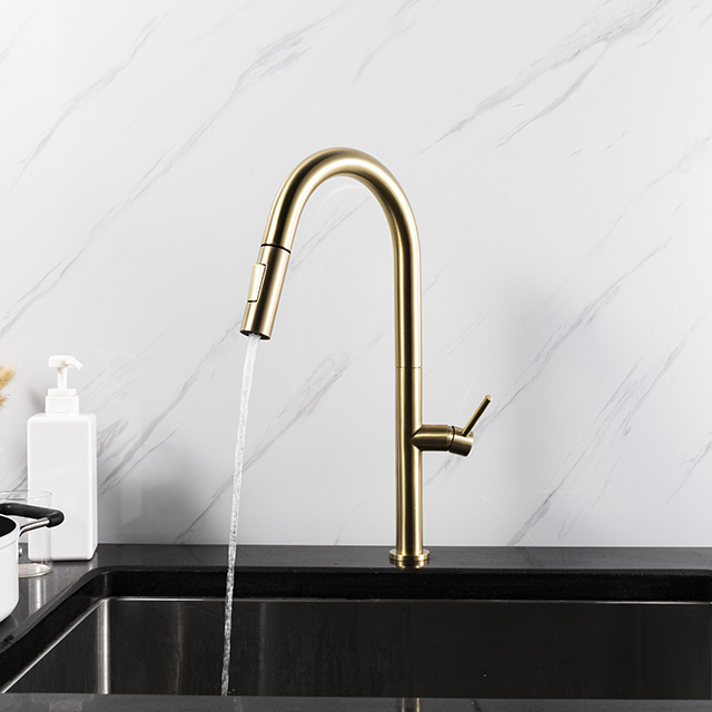 Brush Gold Stainless Steel Pull Down Kitchen Faucet
