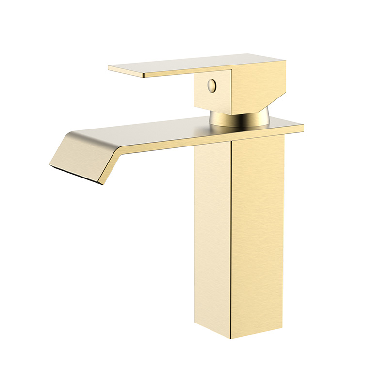 Single hole brushed gold mono square waterfall wash basin mixer tap